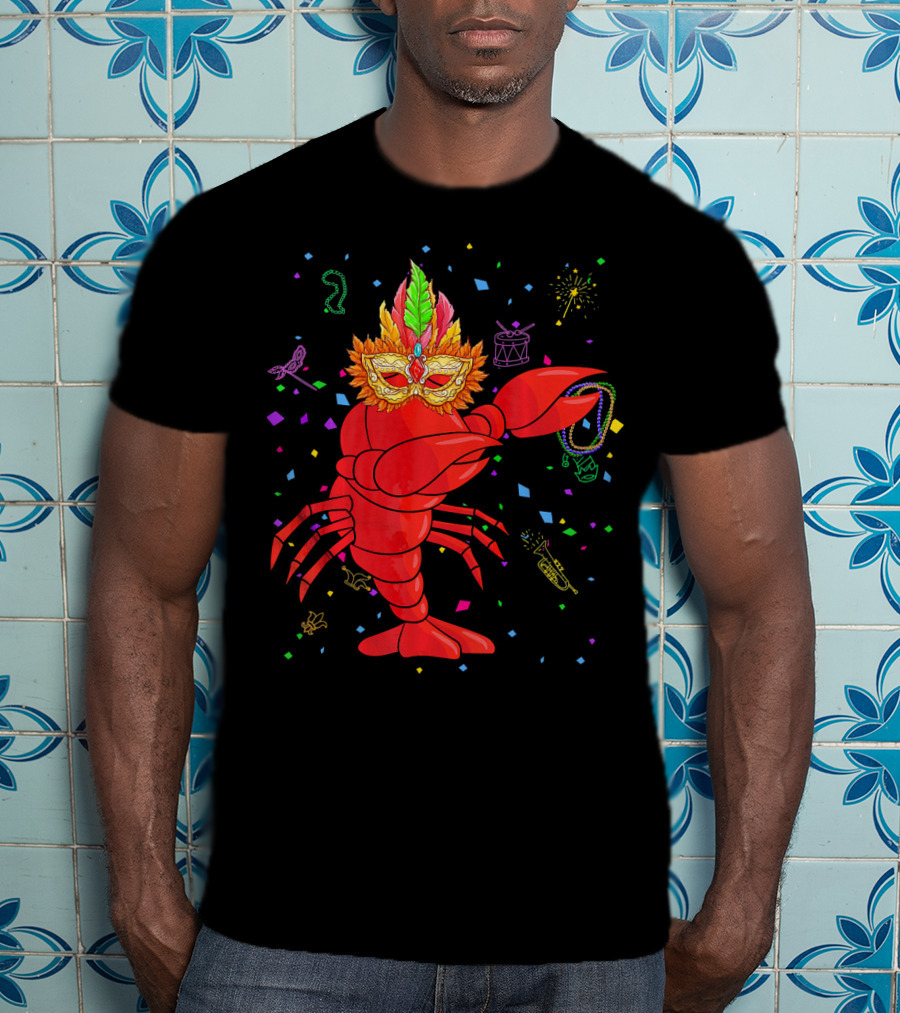 Dabbing Lobster With Mardi Gras Mask And Beads Confetti T-Shirt