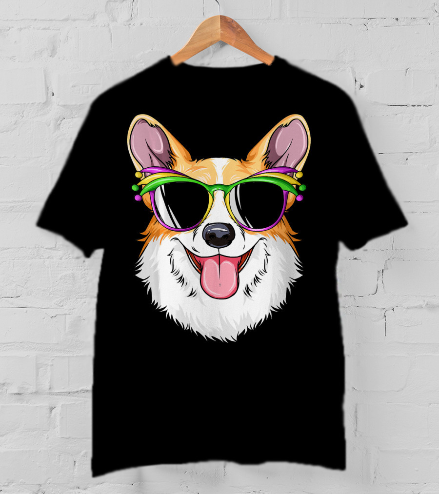 Mardi Gras Corgi With Carnival Mask And Glasses T-Shirt