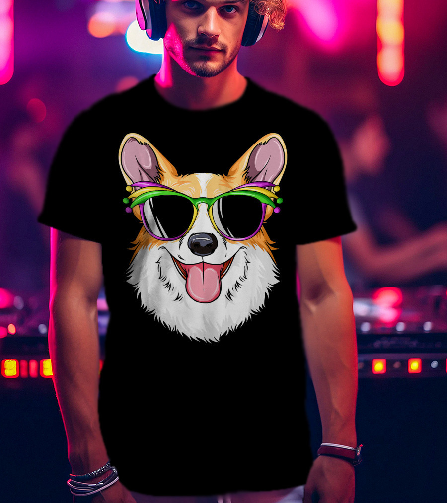 Mardi Gras Corgi With Carnival Mask And Glasses T-Shirt