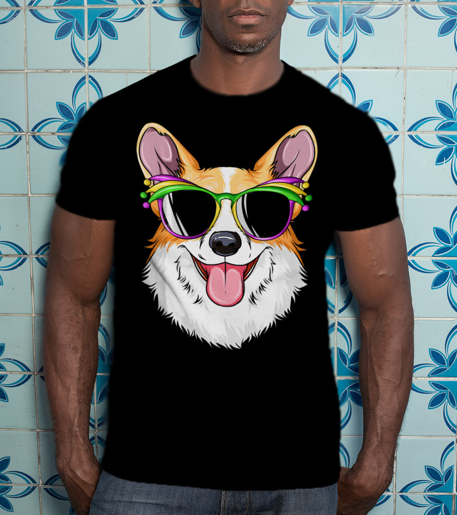 Mardi Gras Corgi With Carnival Mask And Glasses T-Shirt