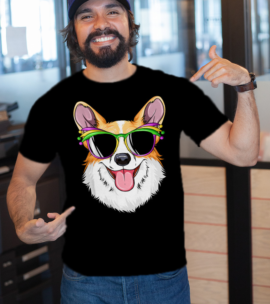Mardi Gras Corgi With Carnival Mask And Glasses T-Shirt