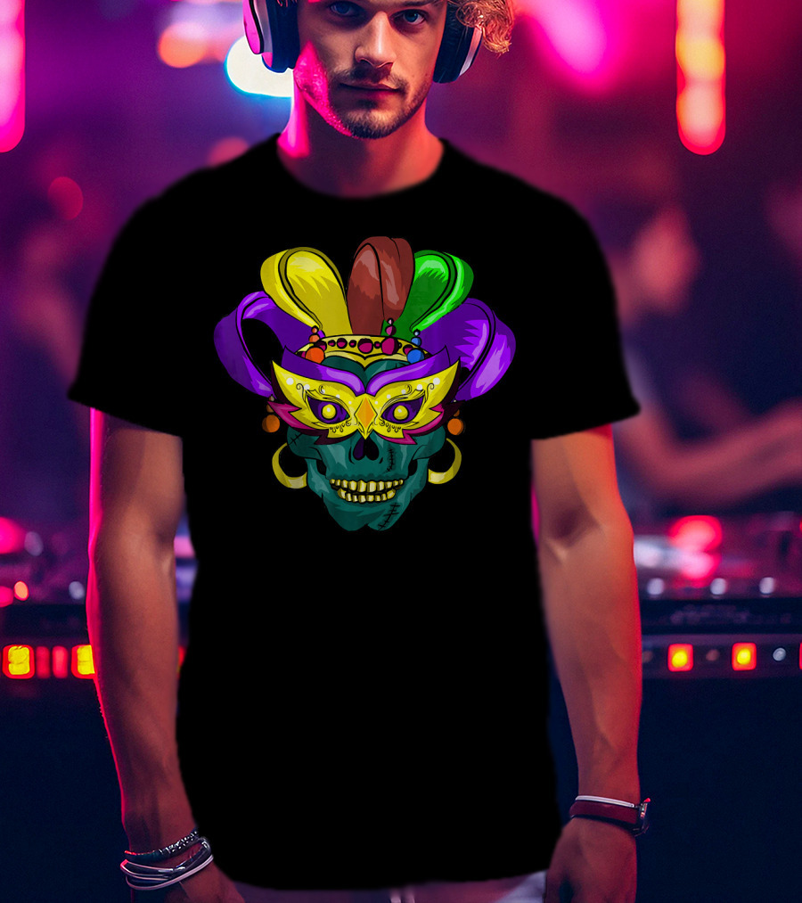 Mardi Gras Sugar Skull Colorful Mask Feather Parade Costume T-Shirt