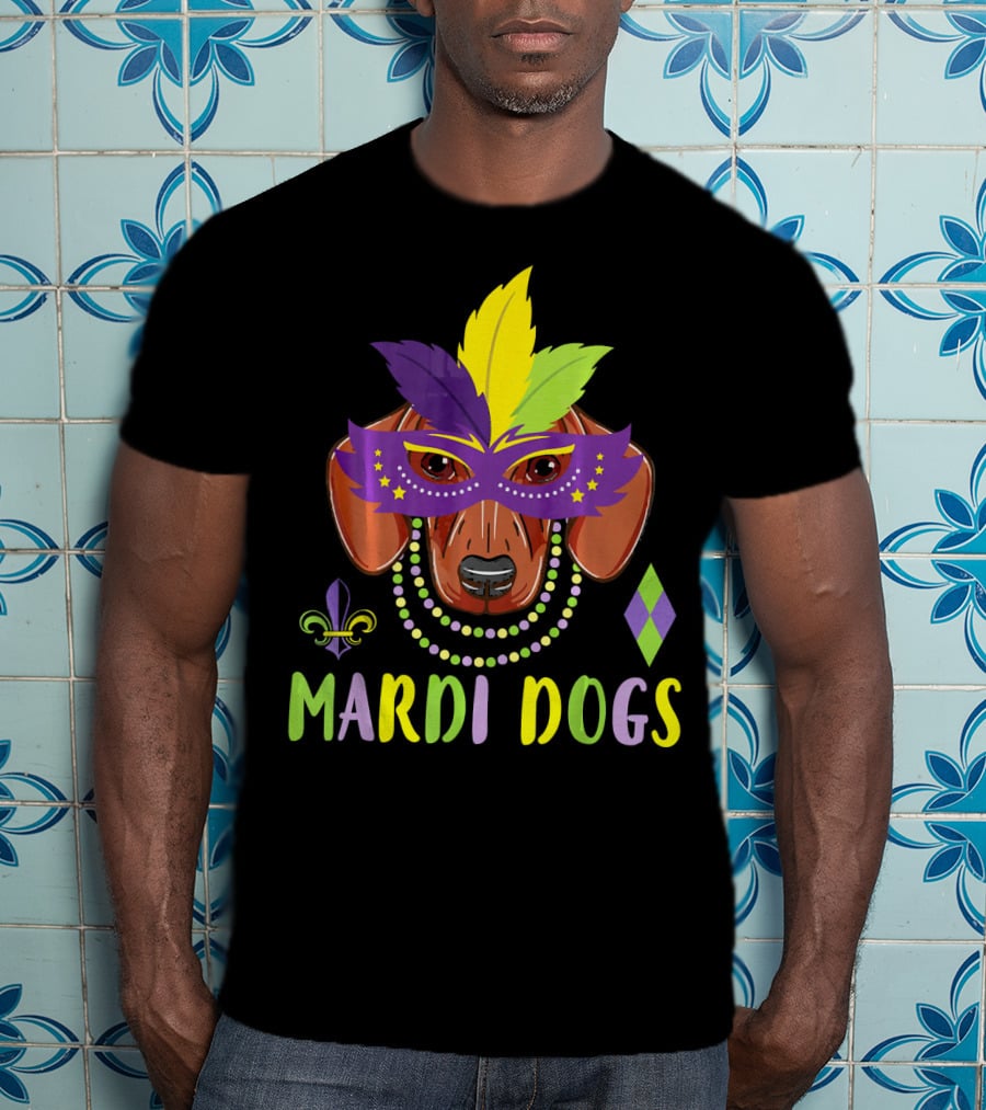 Mardi Dogs Dachshund Mask Beads Fleur-de-Lis Feathers T-Shirt