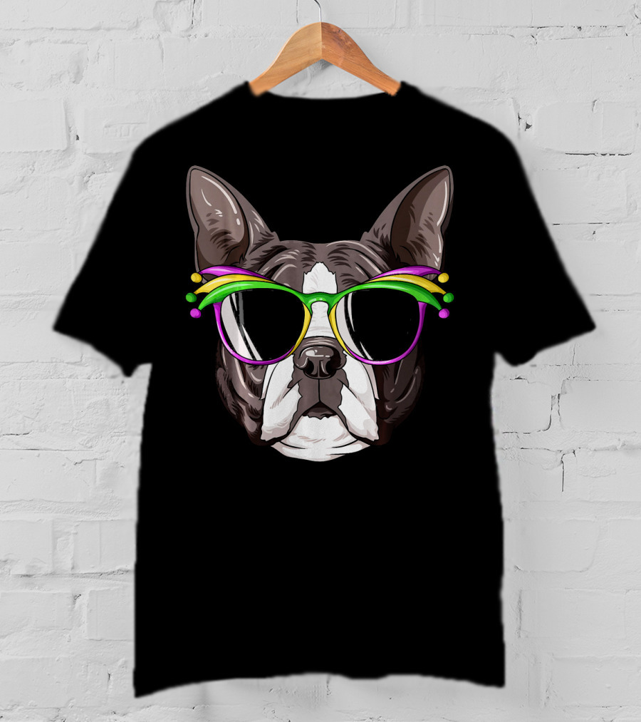 Boston Terrier With Colorful Mardi Gras Carnival Mask Glasses T-Shirt
