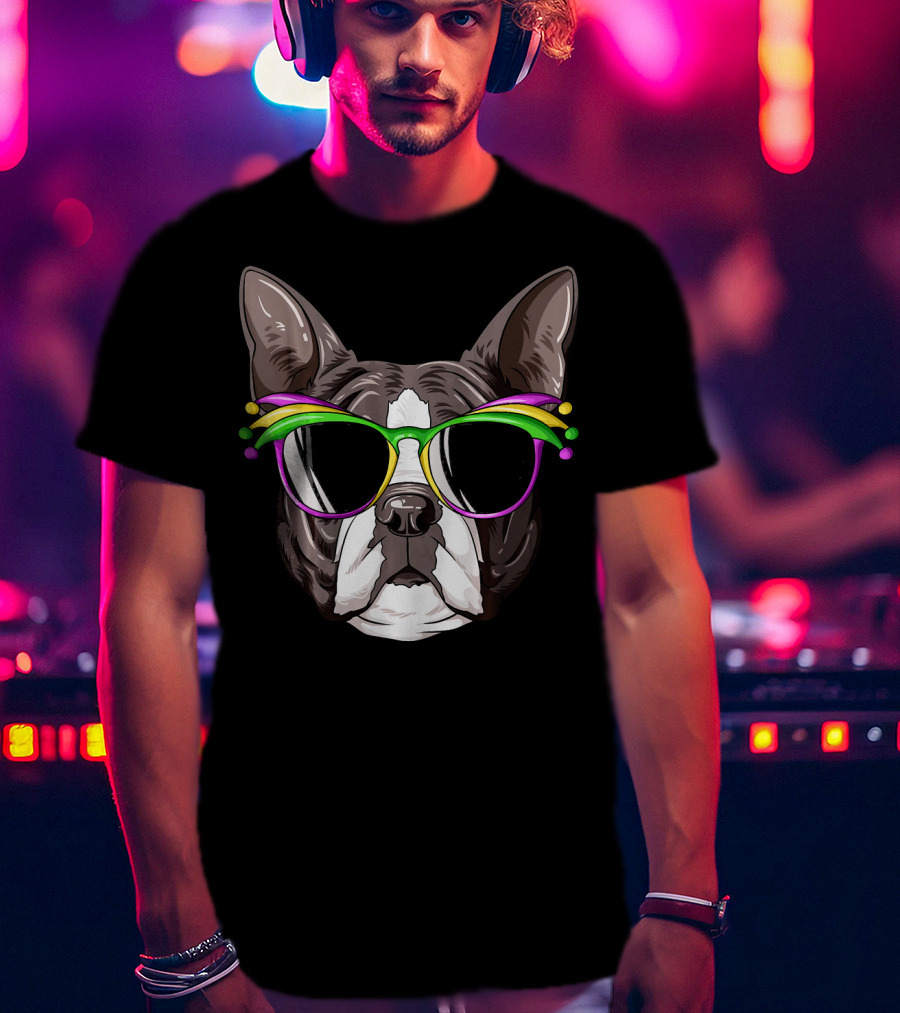 Boston Terrier With Colorful Mardi Gras Carnival Mask Glasses T-Shirt