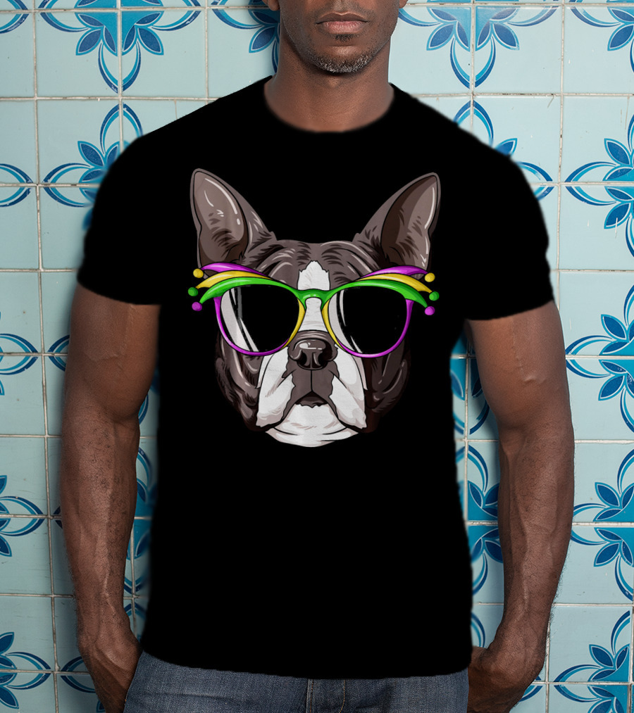 Boston Terrier With Colorful Mardi Gras Carnival Mask Glasses T-Shirt