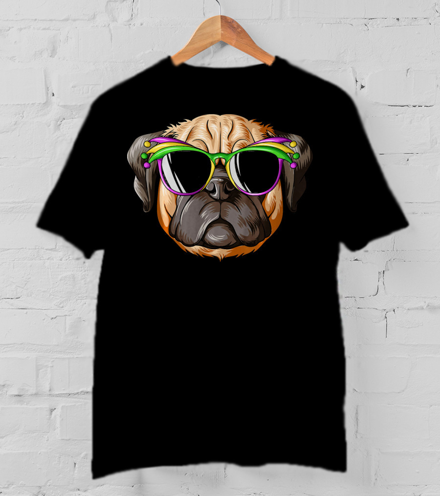 Pug Wearing Mardi Gras Carnival Mask With Colorful Beads And Sunglasses T-Shirt