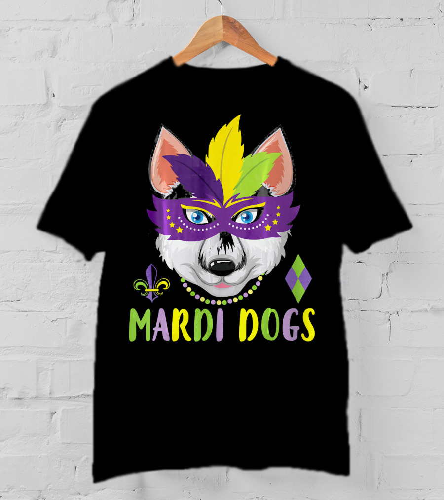Mardi Dogs Siberian Husky Mask Beads Fleur-de-Lis T-Shirt