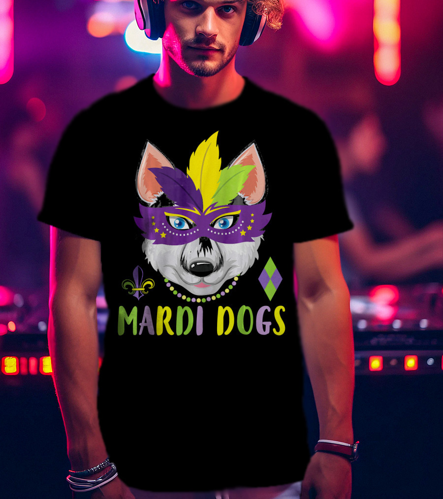 Mardi Dogs Siberian Husky Mask Beads Fleur-de-Lis T-Shirt