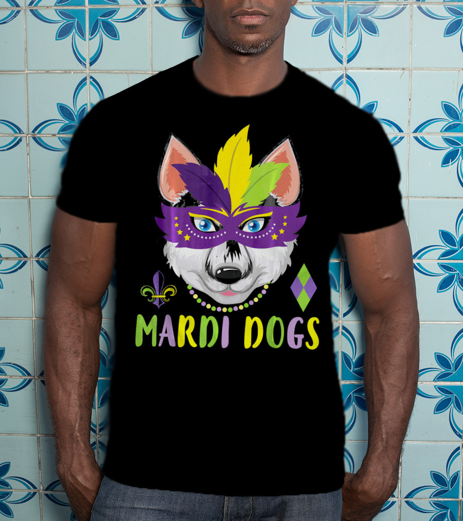 Mardi Dogs Siberian Husky Mask Beads Fleur-de-Lis T-Shirt