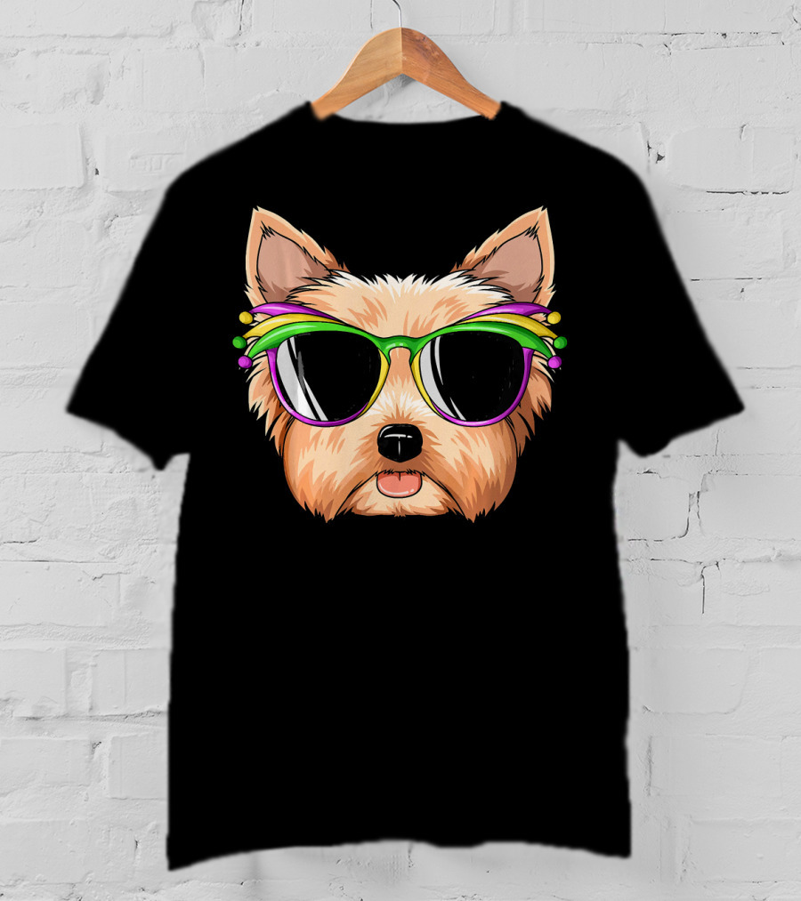 Yorkshire Terrier Mardi Gras Colorful Sunglasses Mask Yorks T-Shirt