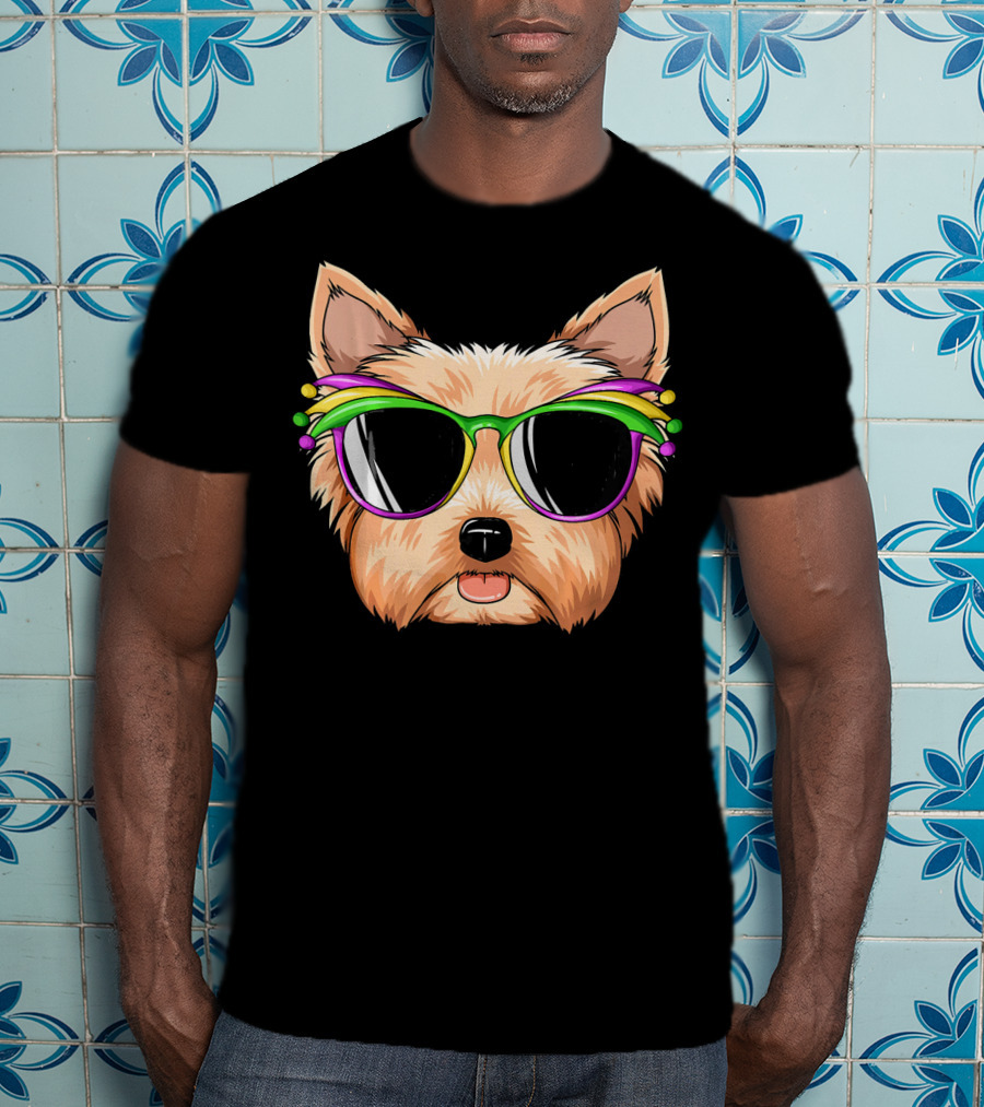 Yorkshire Terrier Mardi Gras Colorful Sunglasses Mask Yorks T-Shirt