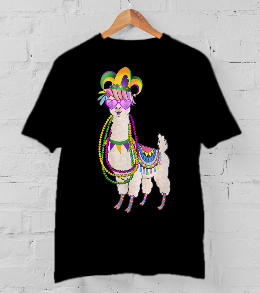 Mardi Gras Beads Masked Llama With Jester Hat T-Shirt