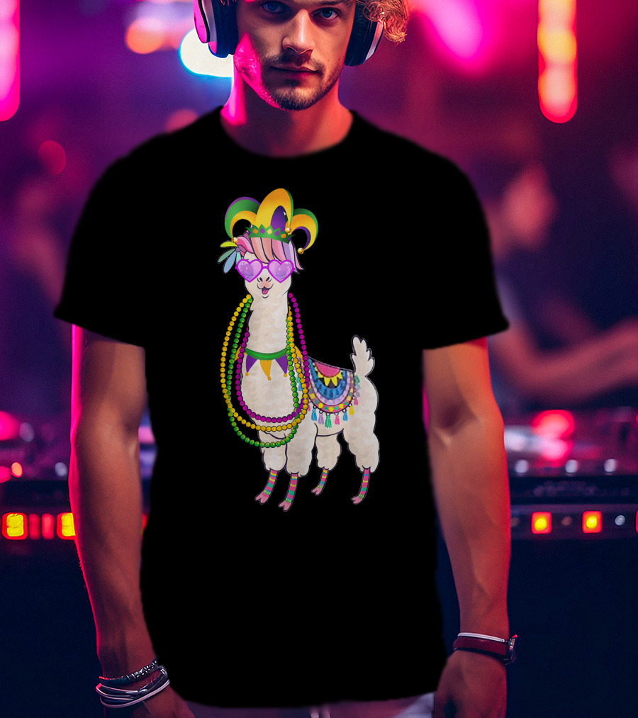 Mardi Gras Beads Masked Llama With Jester Hat T-Shirt
