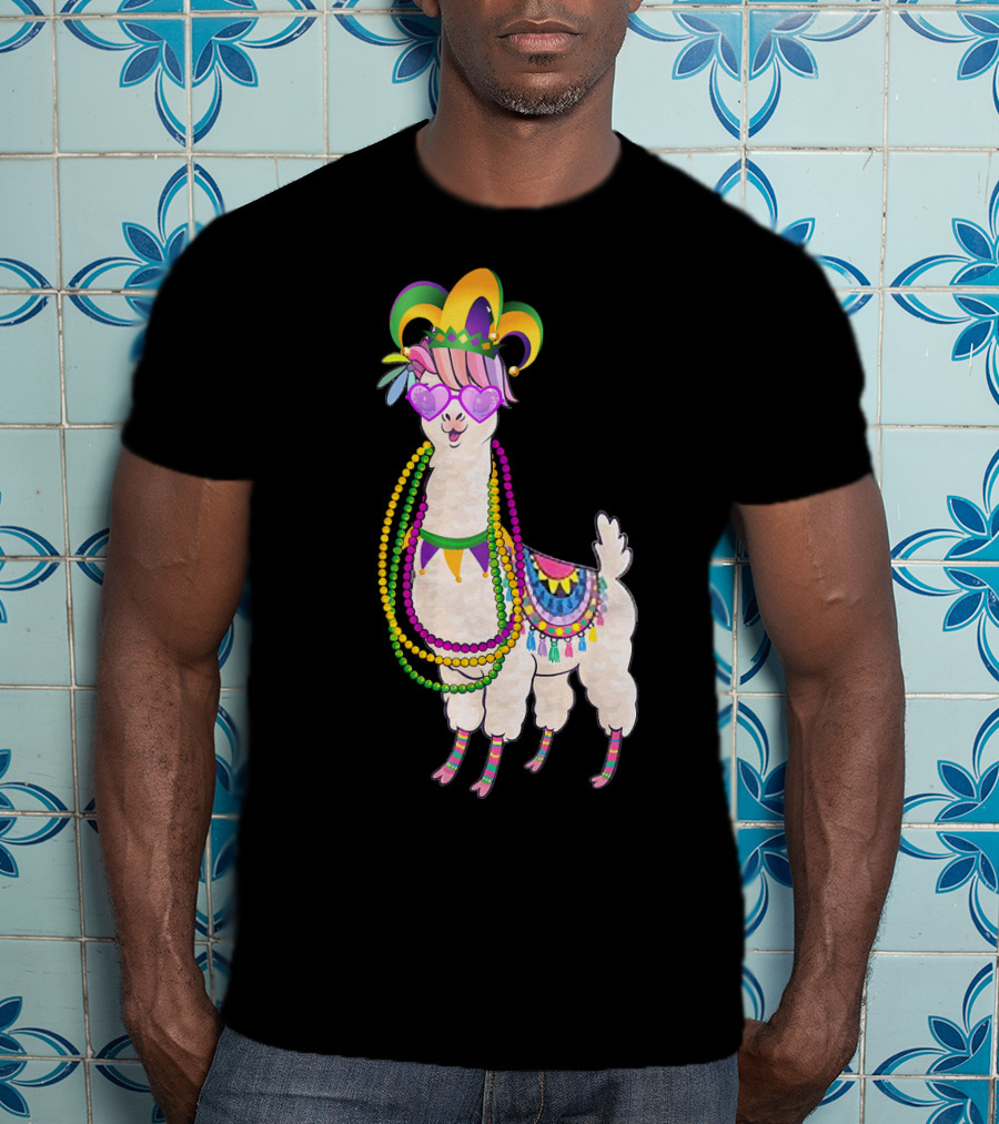 Mardi Gras Beads Masked Llama With Jester Hat T-Shirt
