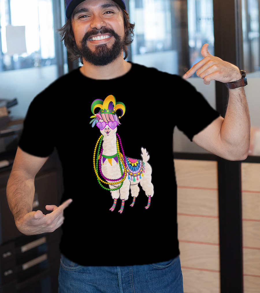 Mardi Gras Beads Masked Llama With Jester Hat T-Shirt
