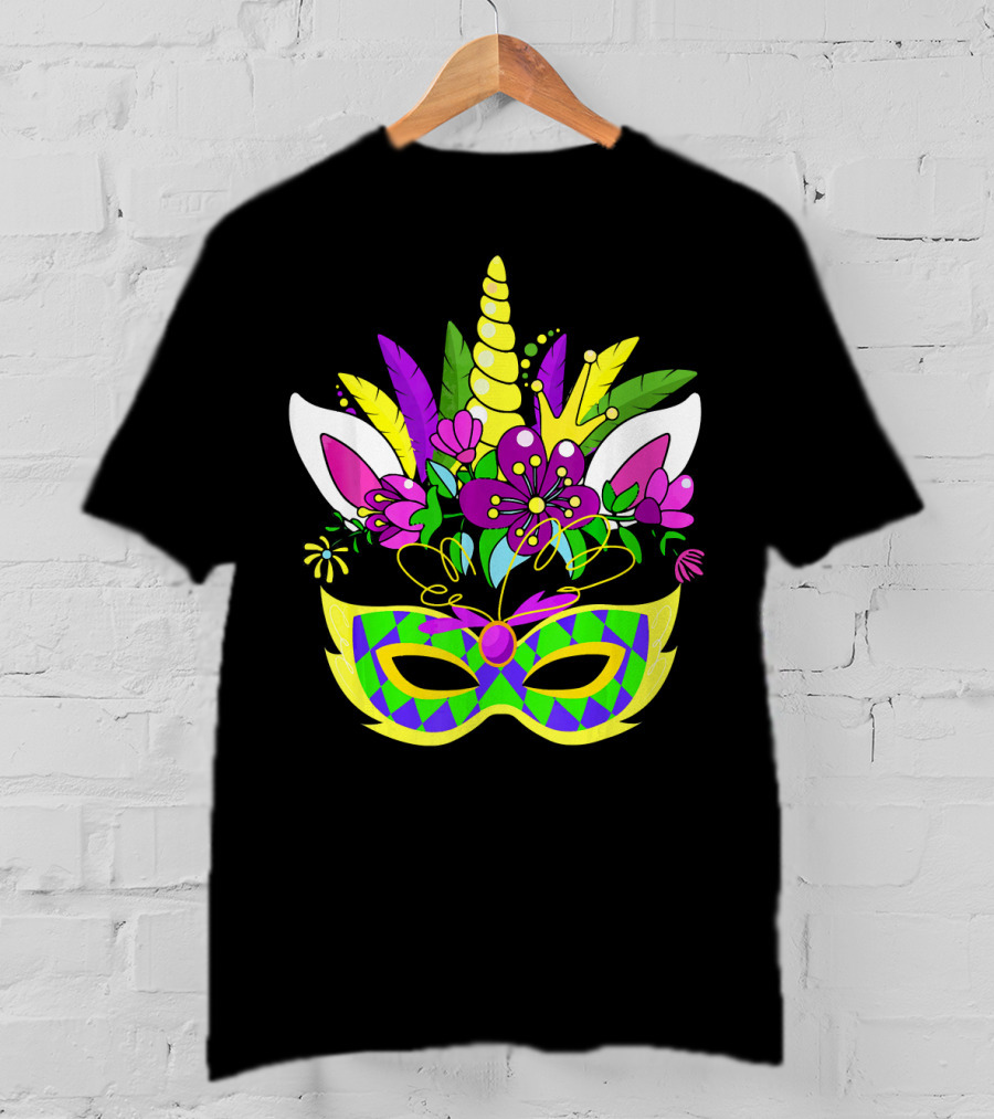 Mardi Gras Unicorn Mask Flowered Headdress T-Shirt