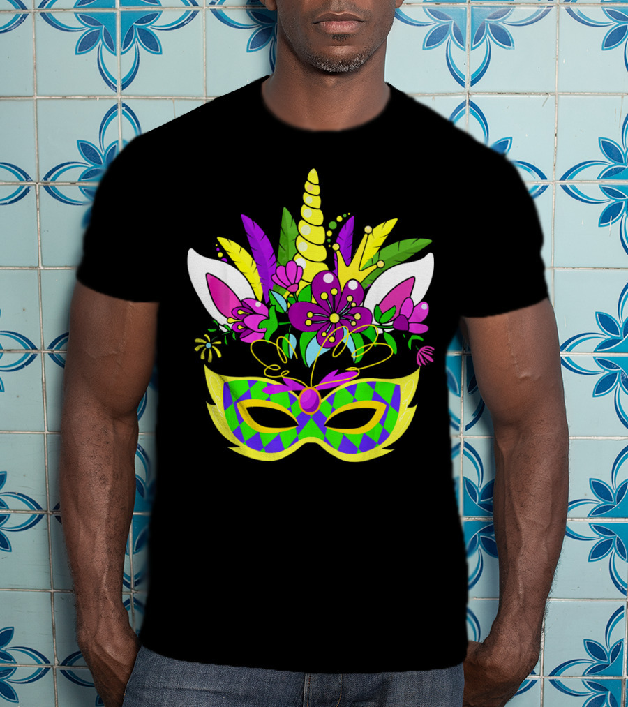 Mardi Gras Unicorn Mask Flowered Headdress T-Shirt