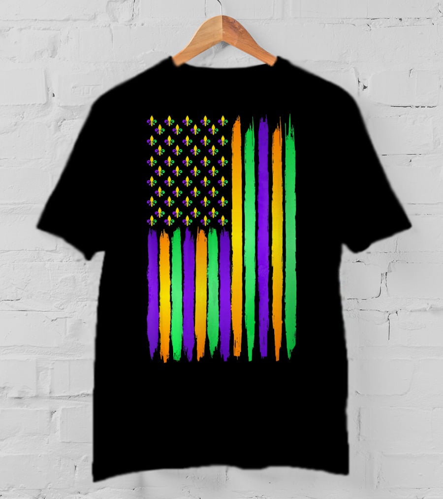 American Flag Fleur De Lis USA Flag Mardi Gras Colors T-Shirt