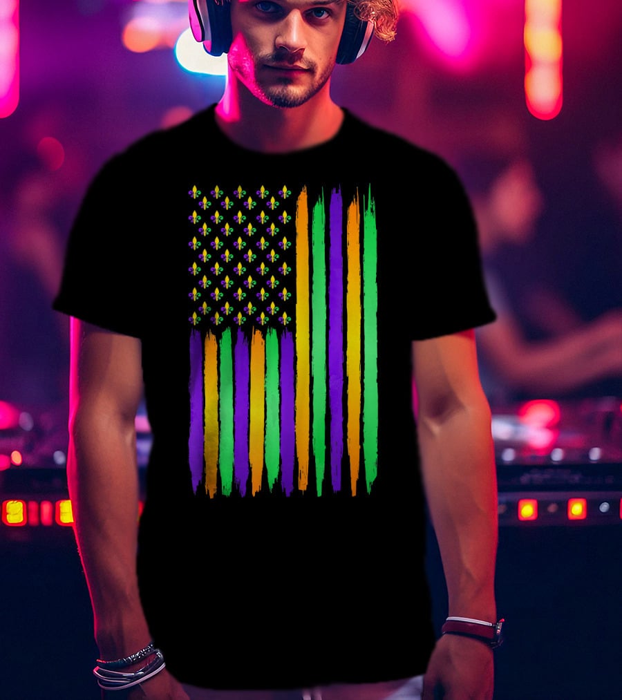 American Flag Fleur De Lis USA Flag Mardi Gras Colors T-Shirt