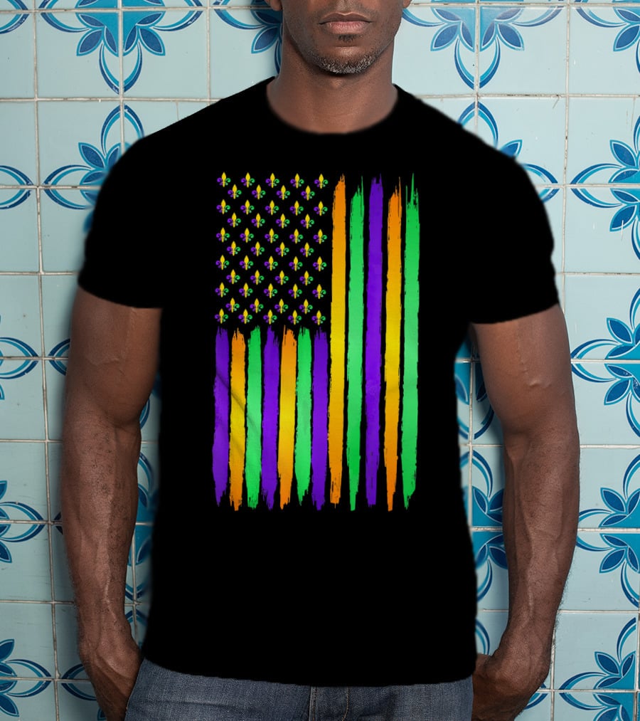 American Flag Fleur De Lis USA Flag Mardi Gras Colors T-Shirt
