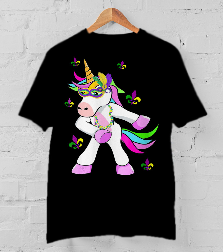 Mardi Gras Flossing Unicorn Fleur De Lis Mask Feathers Beads T-Shirt