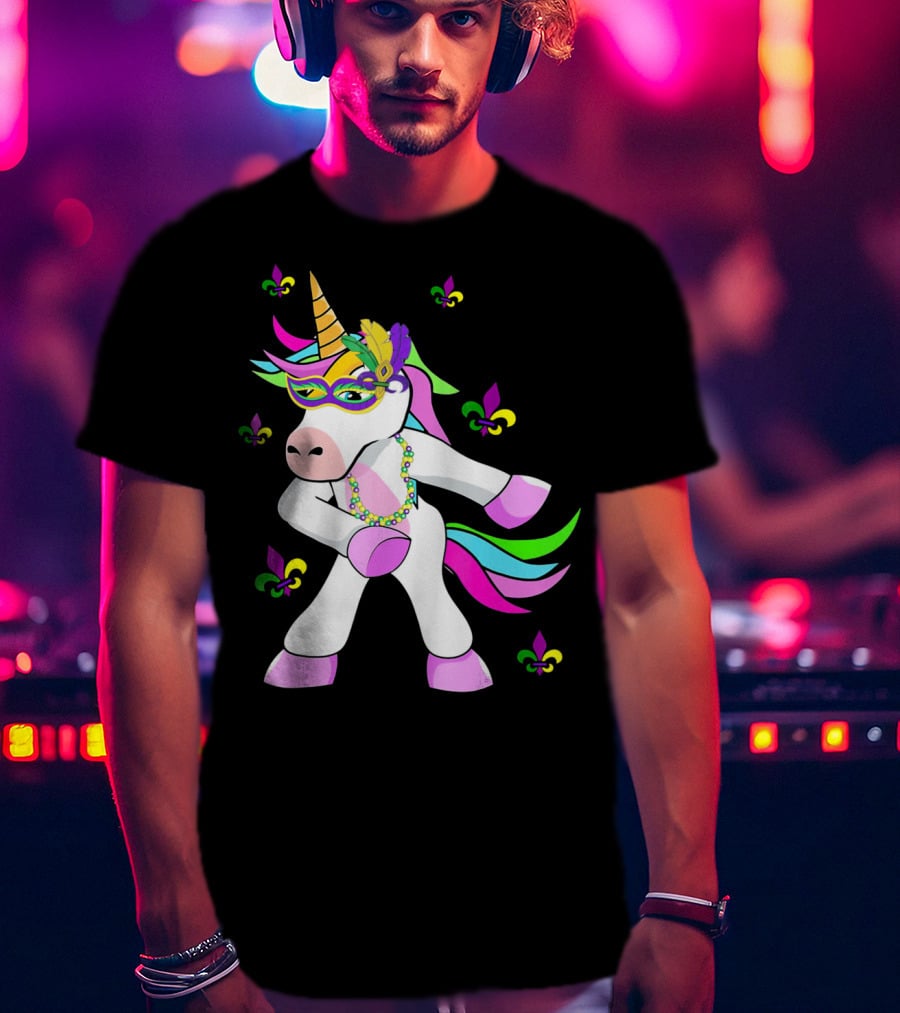 Mardi Gras Flossing Unicorn Fleur De Lis Mask Feathers Beads T-Shirt