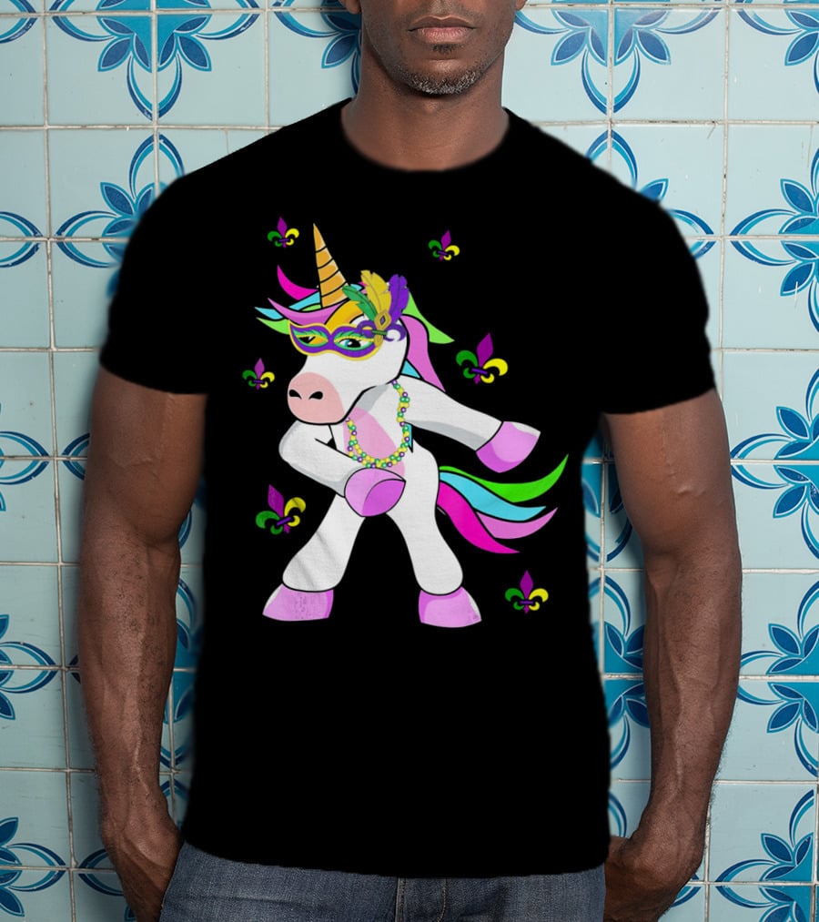 Mardi Gras Flossing Unicorn Fleur De Lis Mask Feathers Beads T-Shirt