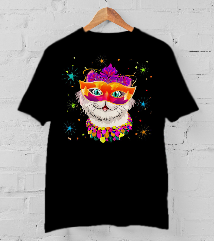Mardi Gras Cat With Festive Mask And Beads For Cat Lovers T-Shirt