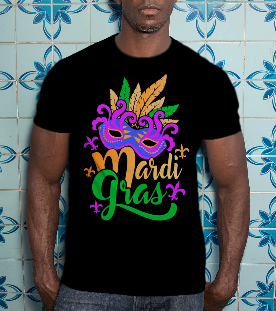 Mardi Gras Mask With Feathers And Fleur-de-Lis T-Shirt