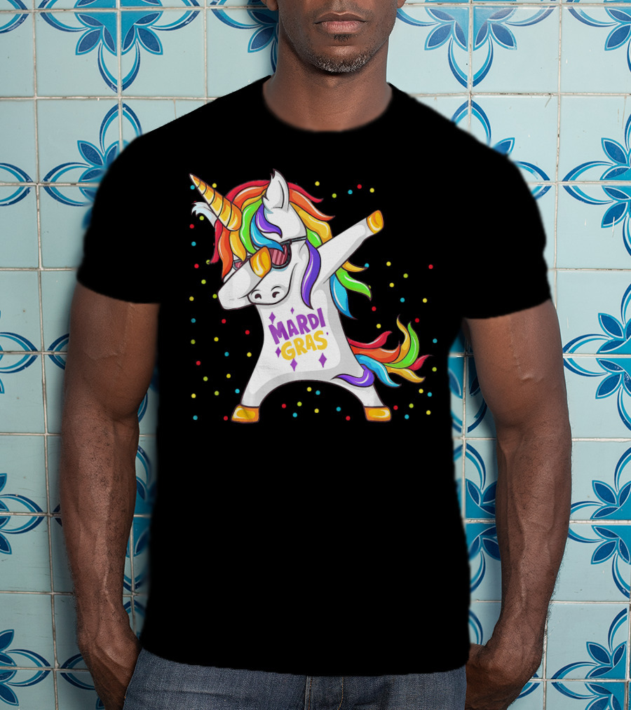 Mardi Gras Rainbow Unicorn Dabbing T-Shirt