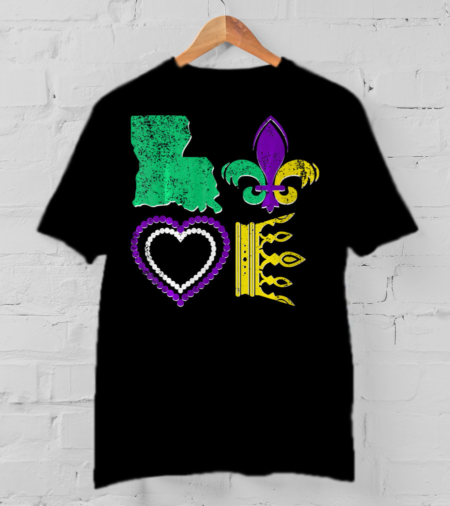 Louisiana Love Mardi Gras Fleur-de-Lis Beads Crown T-Shirt