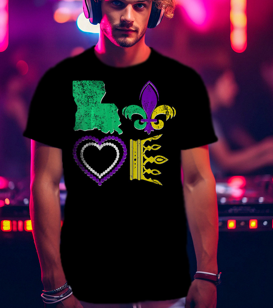 Louisiana Love Mardi Gras Fleur-de-Lis Beads Crown T-Shirt