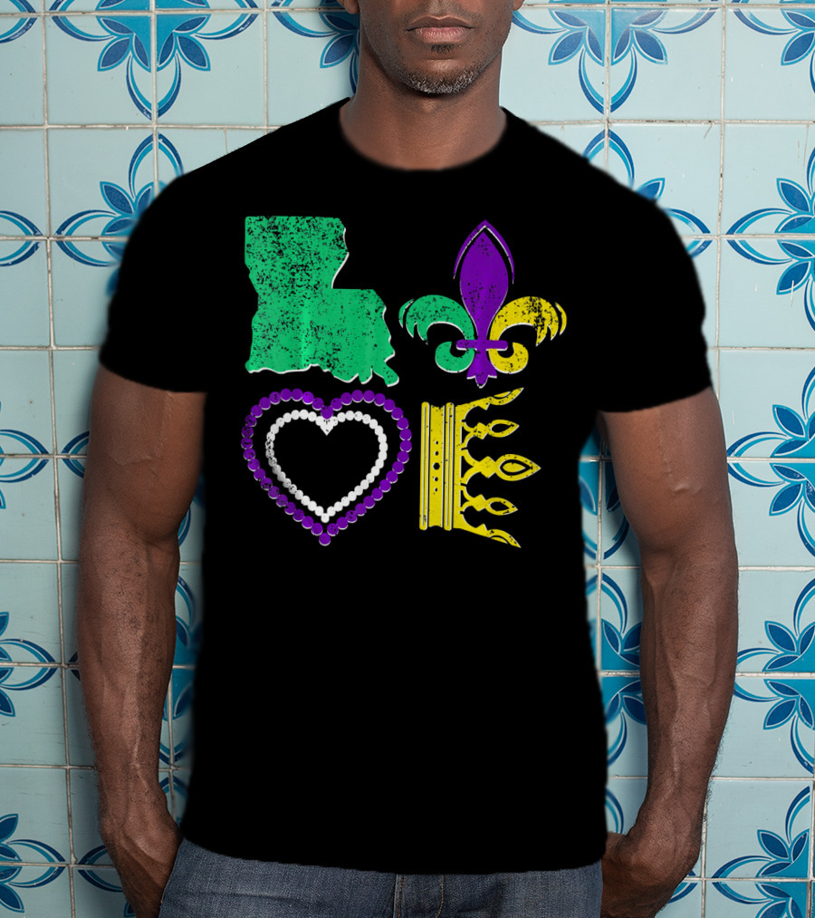 Louisiana Love Mardi Gras Fleur-de-Lis Beads Crown T-Shirt