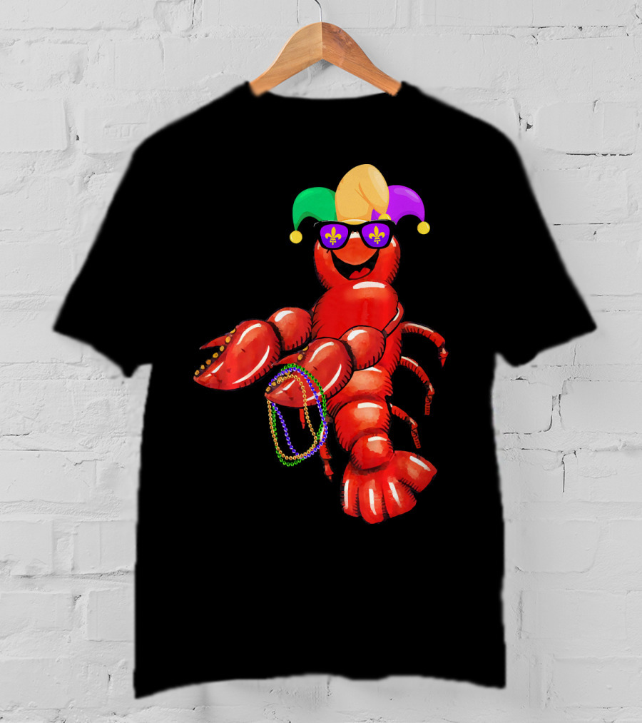 Flossing Mardi Gras Bead Jester Hat Crawfish With Sunglasses T-Shirt