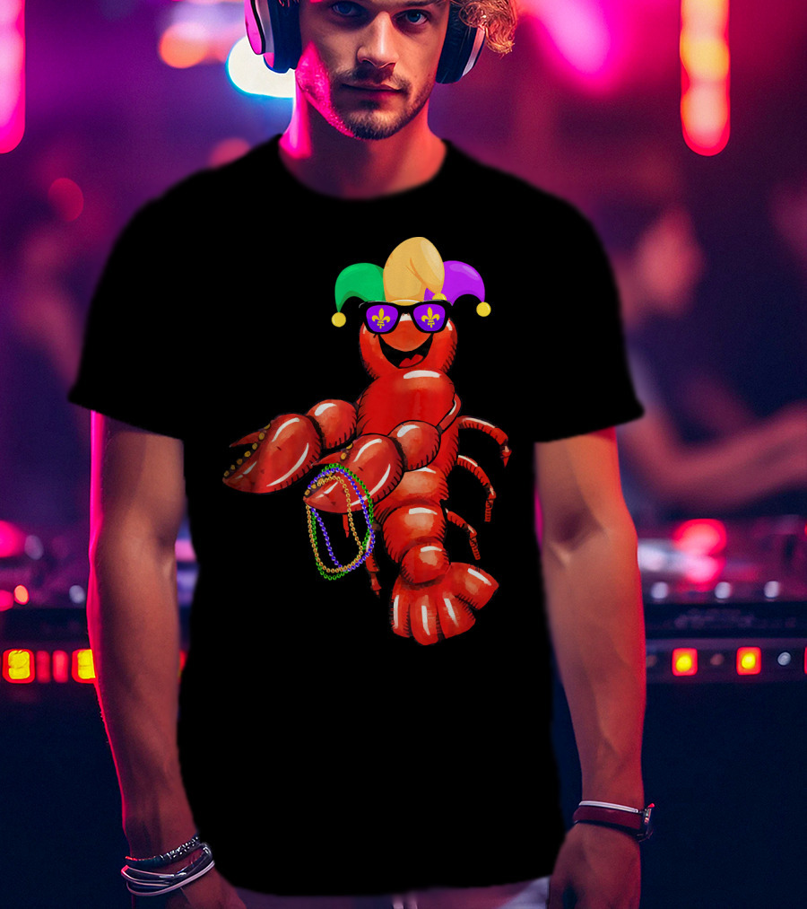 Flossing Mardi Gras Bead Jester Hat Crawfish With Sunglasses T-Shirt