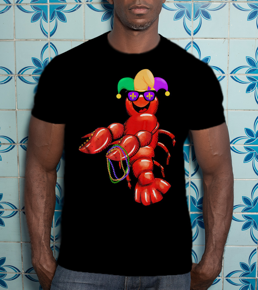 Flossing Mardi Gras Bead Jester Hat Crawfish With Sunglasses T-Shirt