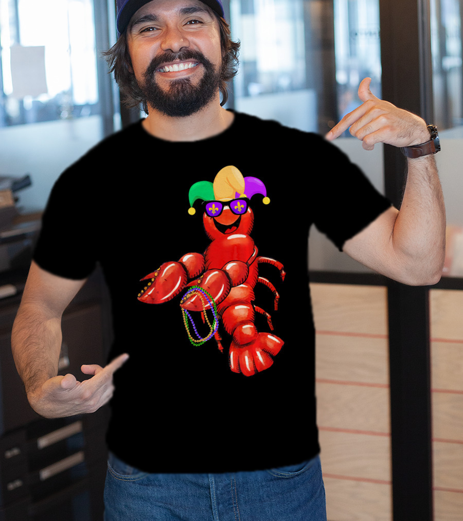 Flossing Mardi Gras Bead Jester Hat Crawfish With Sunglasses T-Shirt