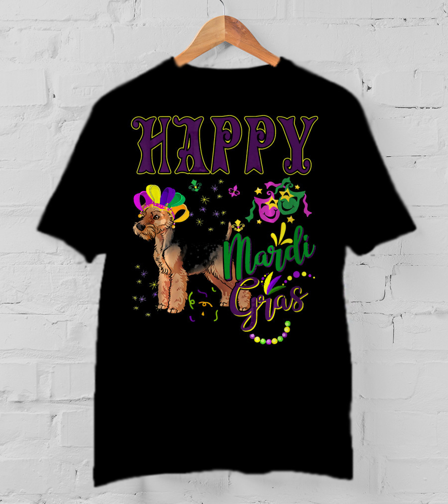 Happy Mardi Gras Welsh Terrier Masquerade Beads And Stars T-Shirt