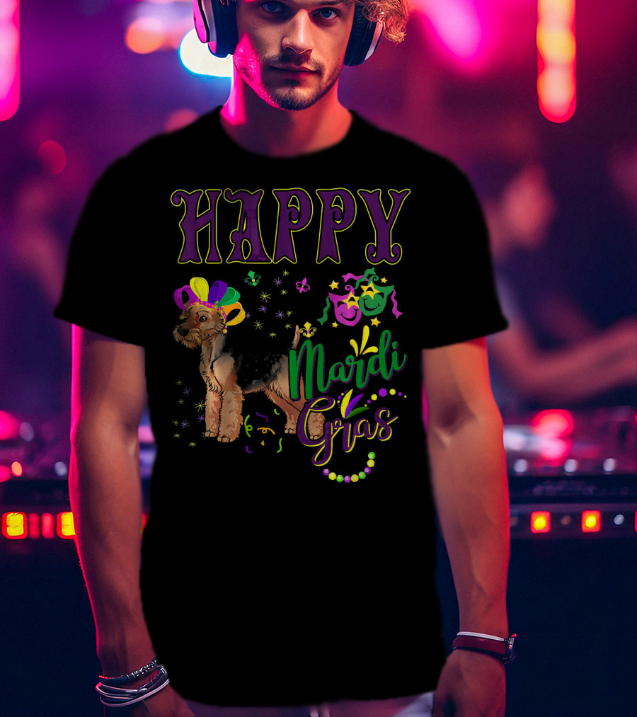 Happy Mardi Gras Welsh Terrier Masquerade Beads And Stars T-Shirt