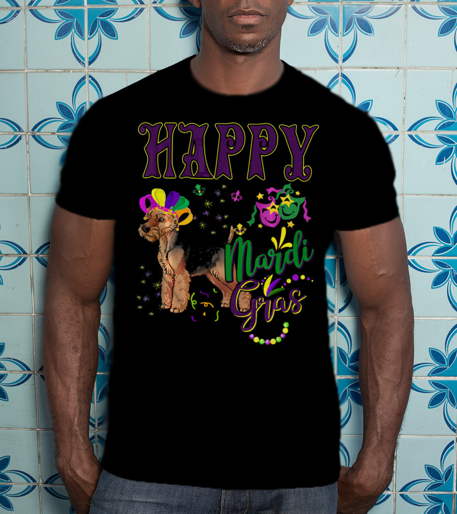 Happy Mardi Gras Welsh Terrier Masquerade Beads And Stars T-Shirt