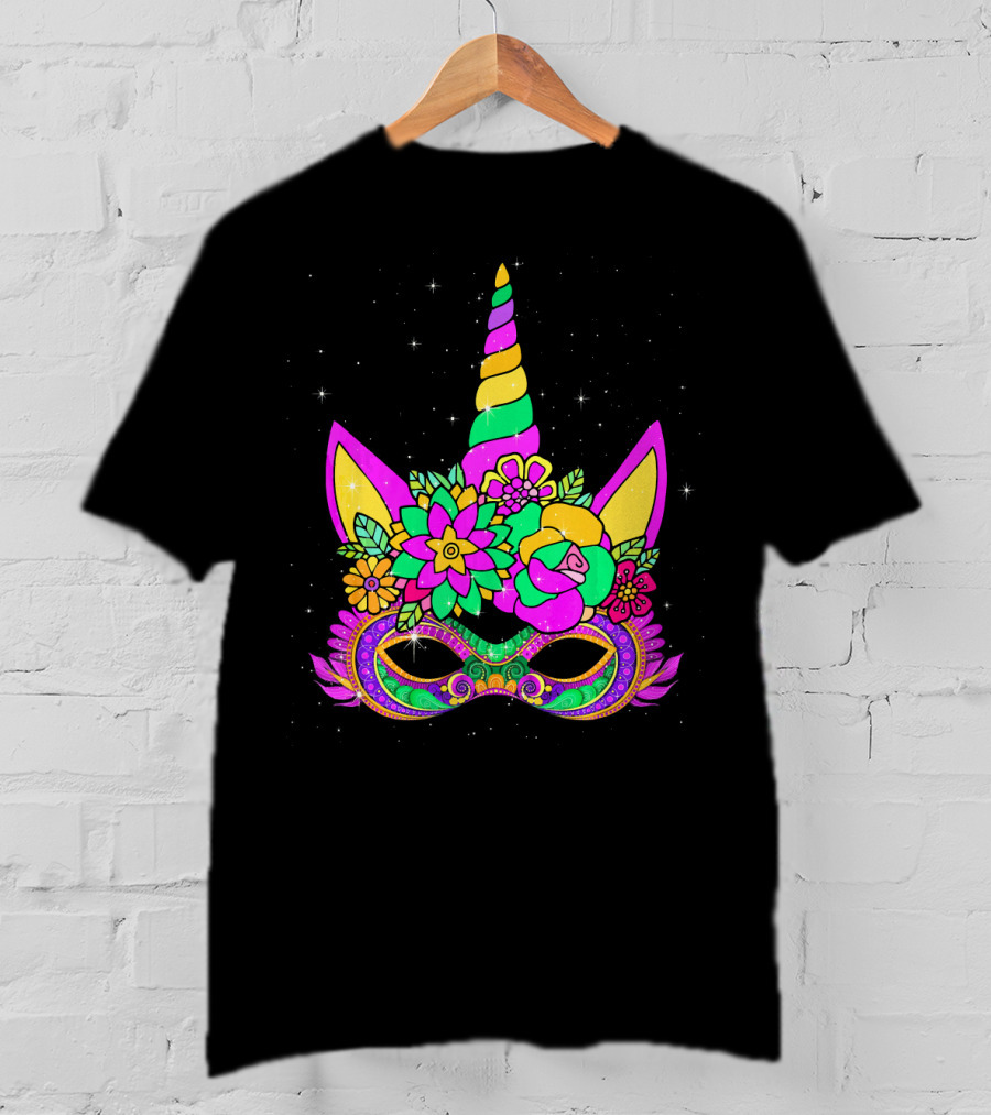 Mardi Gras Unicorn Floral Mask With Colorful Decorations T-Shirt