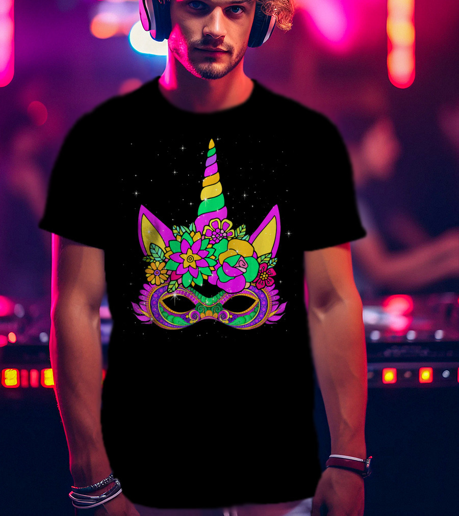 Mardi Gras Unicorn Floral Mask With Colorful Decorations T-Shirt