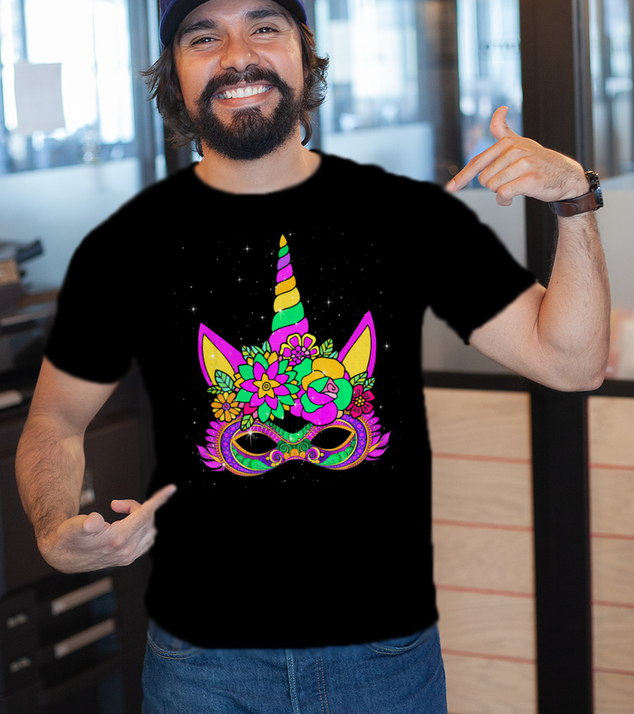 Mardi Gras Unicorn Floral Mask With Colorful Decorations T-Shirt