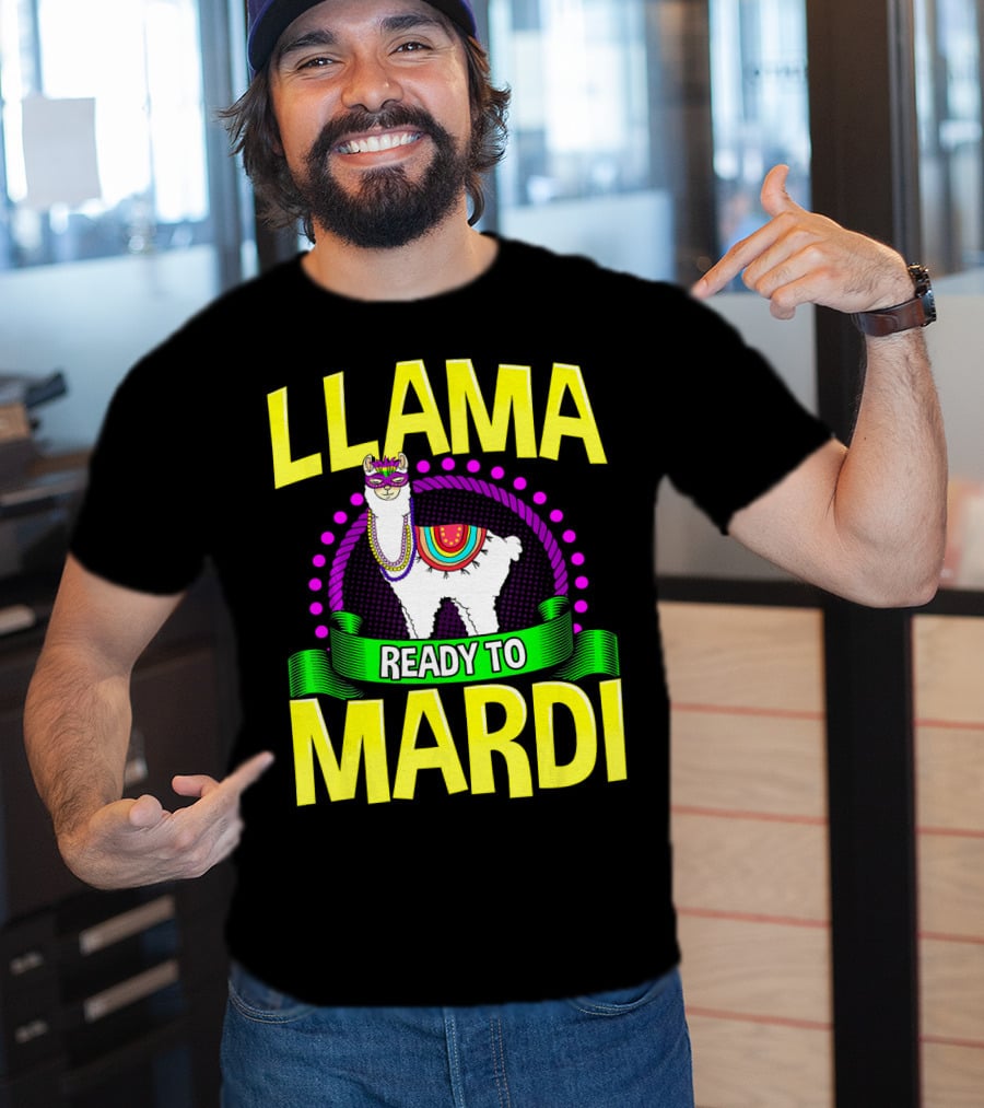 Llama Ready To Mardi Funny Llama Lover Festive Mask Beads Parade T-Shirt