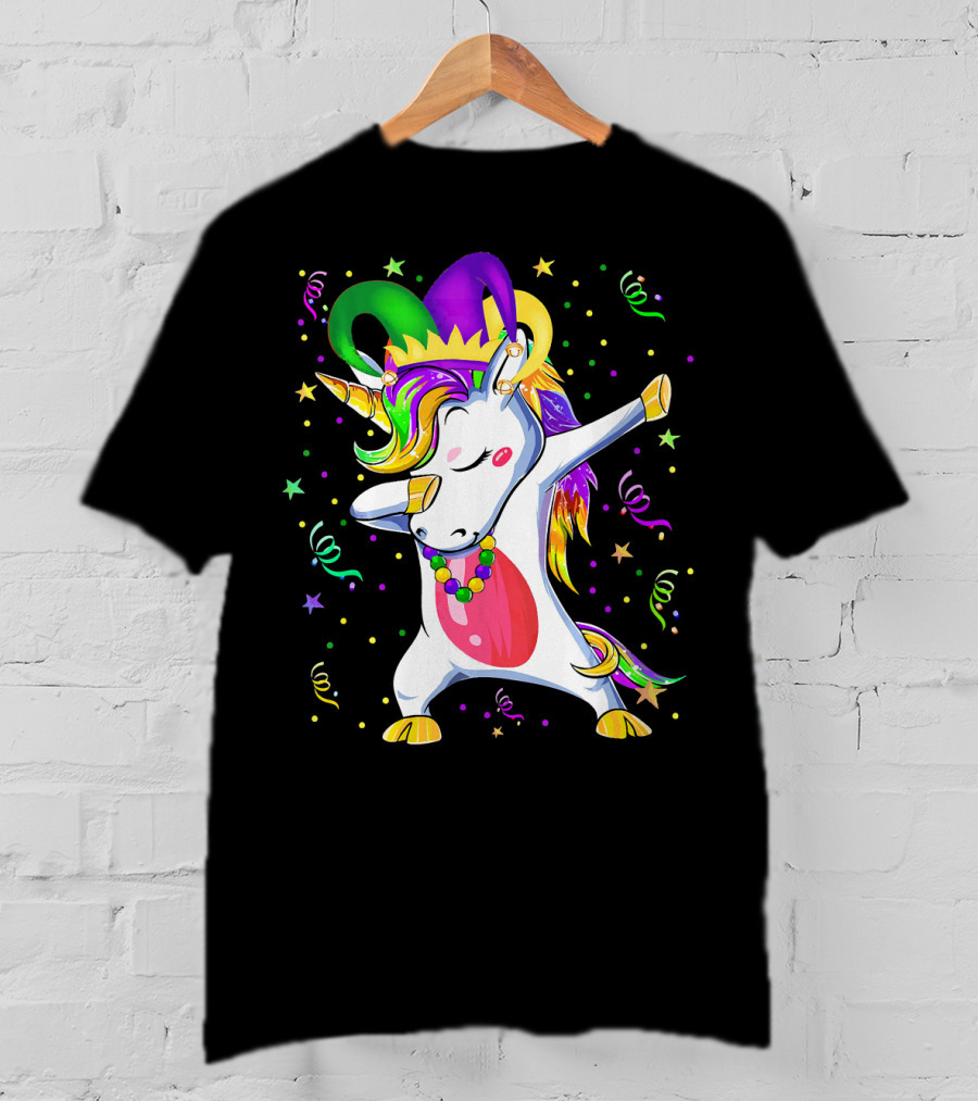 Mardi Gras Unicorn Dabbing Celebration With Beads And Jester Hat T-Shirt