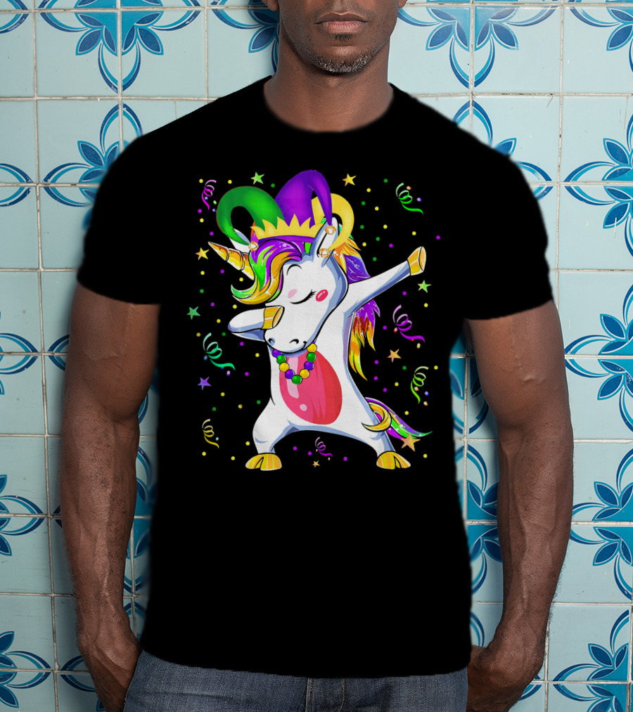 Mardi Gras Unicorn Dabbing Celebration With Beads And Jester Hat T-Shirt