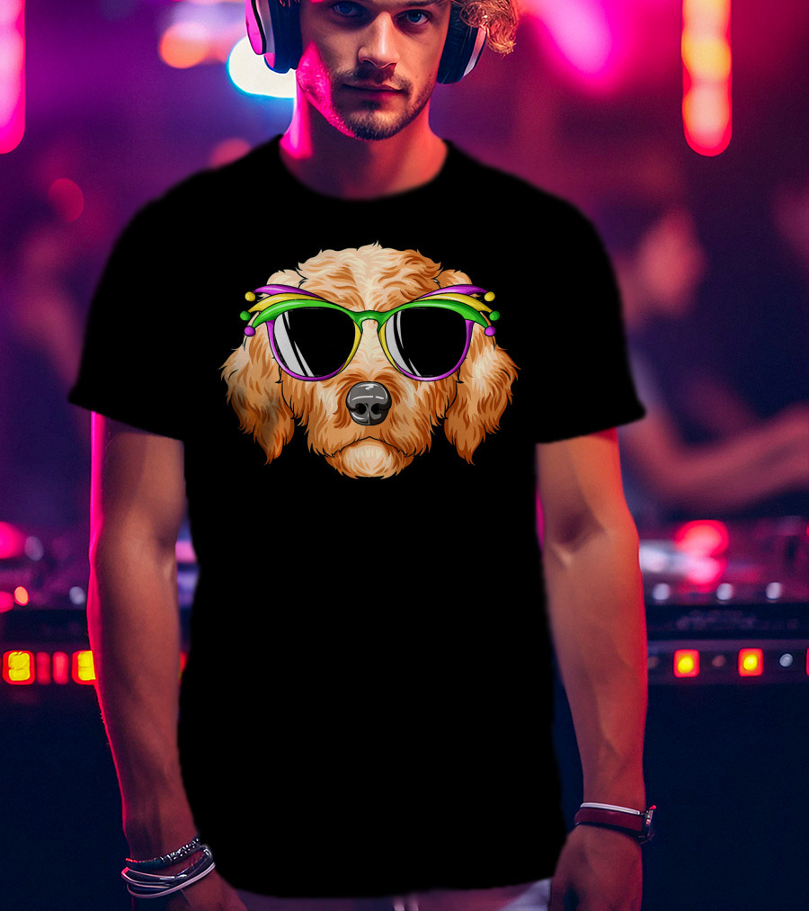 Goldendoodle Mardi Gras Carnival Mask Sunglasses T-Shirt