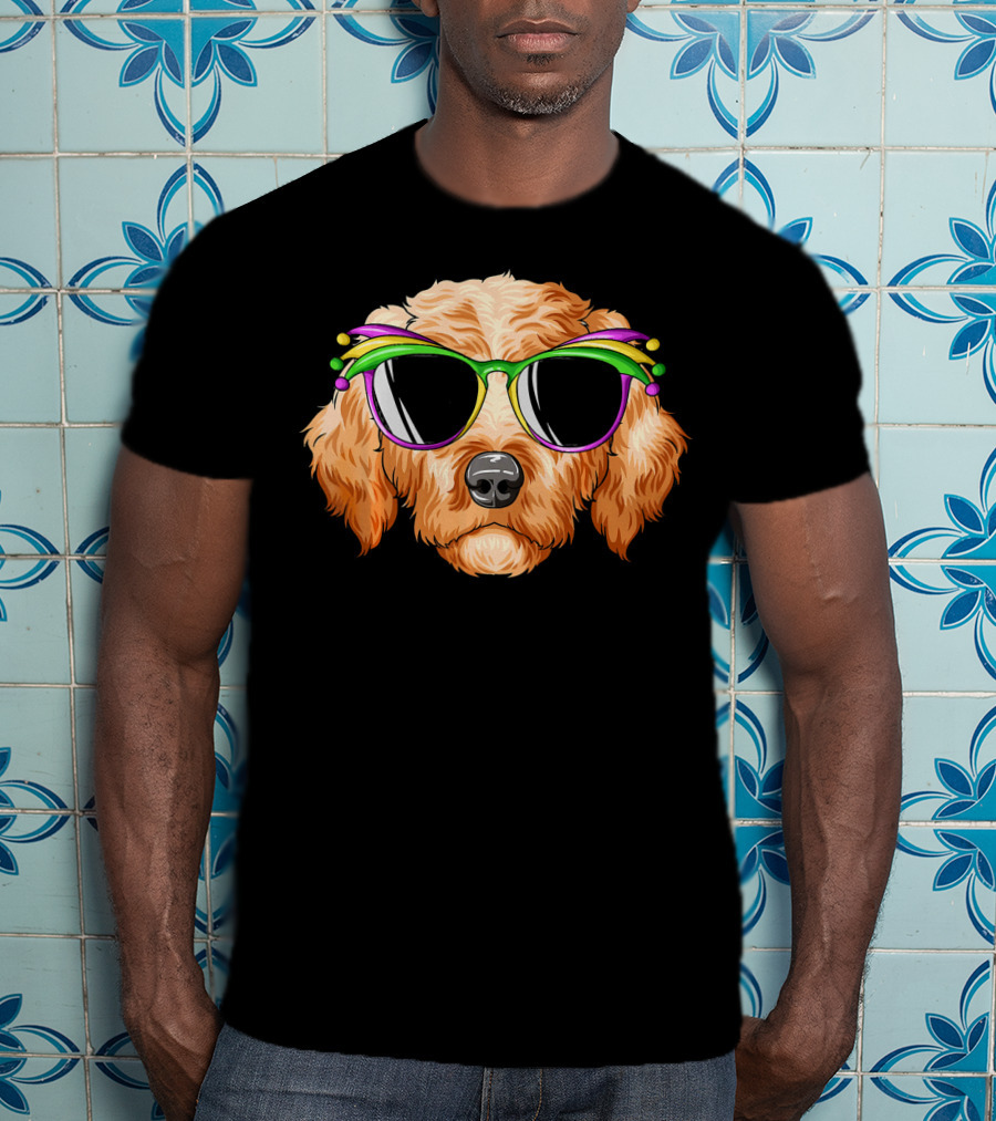 Goldendoodle Mardi Gras Carnival Mask Sunglasses T-Shirt