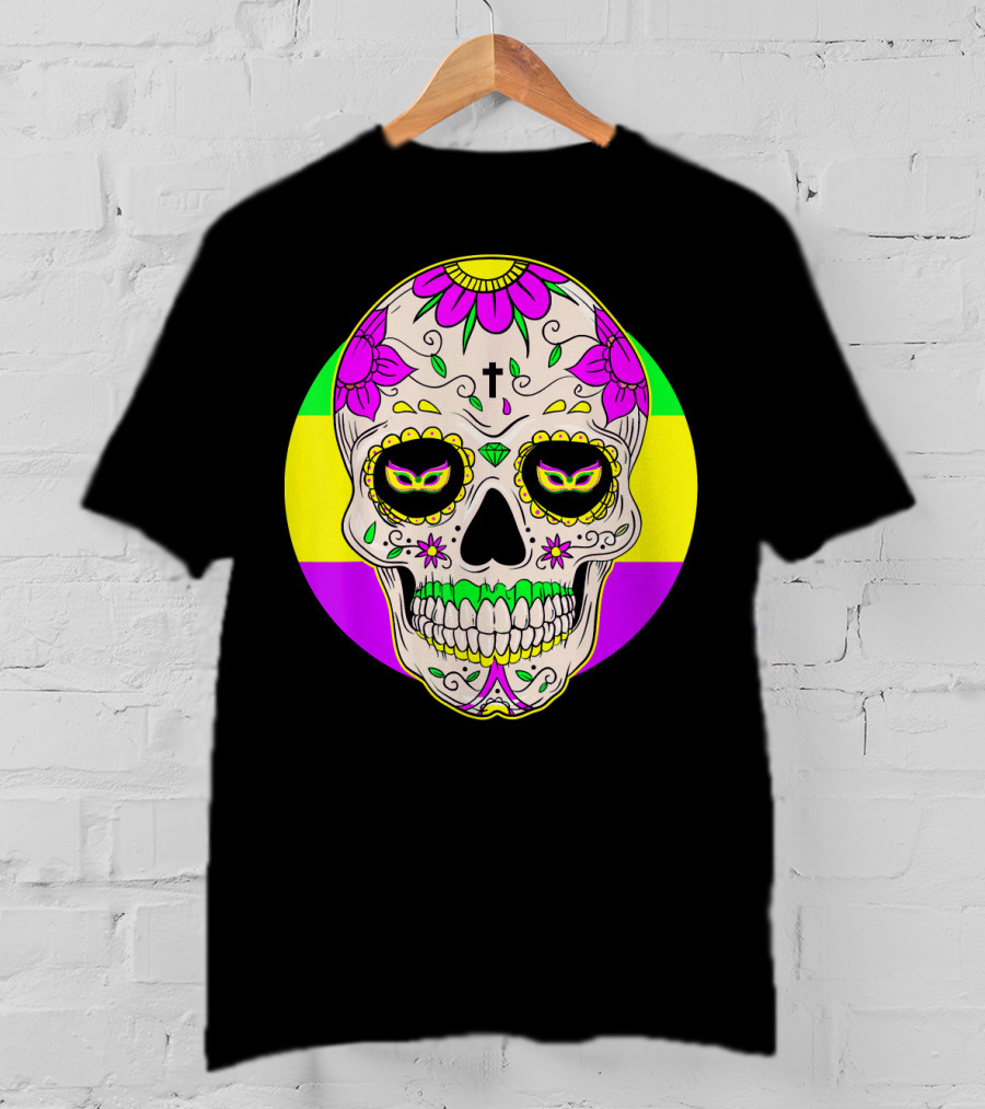 Mardi Gras Sugar Skull With Jester Hat And Mask Elements T-Shirt